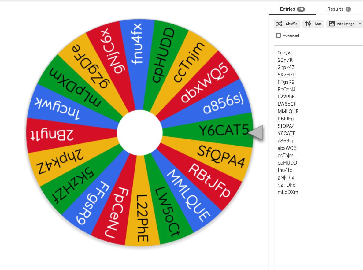 As promised.. KULTY is going to select one wallet from yesterdays $100 giveaway. I'll spin at 9:30AM PST

seems like each wallet has a 5% chance 👀 Not bad. 

$KULT will be doing more of these soon 🐸