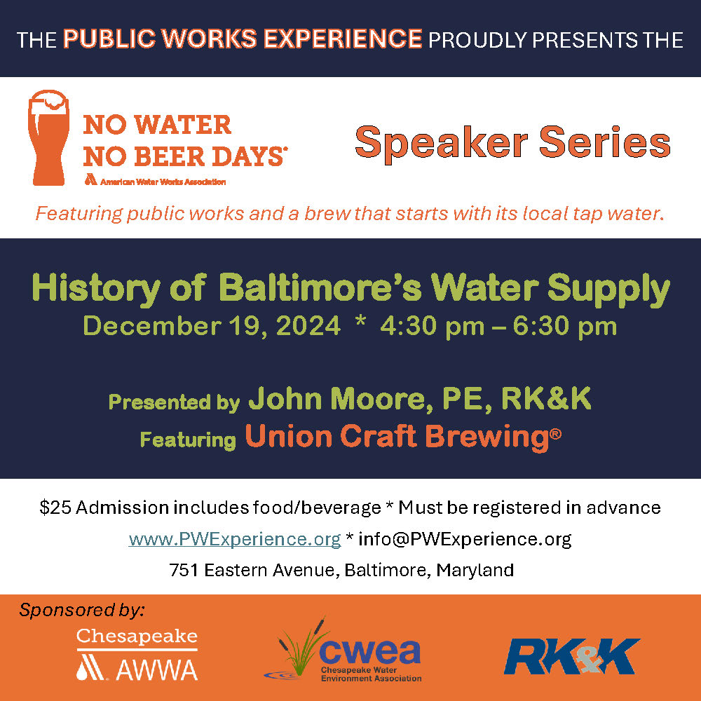 PublicWorksExp1's tweet photo. Join us for a talk on the History of Baltimore's Water Supply happening December 19!  $25 includes food and beverage featuring local beer made with Baltimore tap water! Visit our website for more details.
@WaterfrontPB @DowntownBalt @harboreast @LINABaltimore @baltimorebanner https://t.co/yf5JIW4lfV