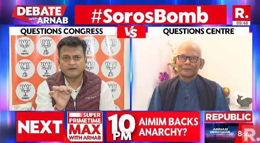 republic's tweet photo. #SorosBomb | Rahul Gandhi is just a puppet of the eco-system, which George Soros has created: Ajay Alok (@alok_ajay) National Spokesperson, BJP

The Debate on #NationsSharpestOpinion with Arnab is now #LIVE, on-air, and online. Tune in and fire in your views - https://t.co/677SpdkIjn

#GeorgeSoros #SoniaGandhi #PriyankaGandhiVadra #GautamAdani #Congress #BJP #RahulGandhi