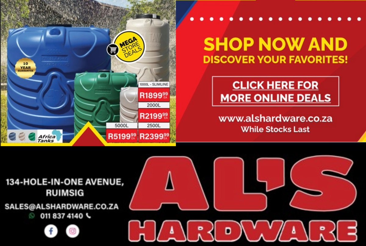 TheCitizen_News's tweet image. 🌟 Mega Deals at Al's Hardware! 🌟 Get top-quality #AfricaTanks in Ruimsig:
✅ 1000L: R1899.99
✅ 2000L: R2199.99
✅ 2500L: R2399.99
✅ 5000L: R5199.99
🔥 10-year warranty!
Shop online or visit: alshardware.co.za
📍 134 Hole-In-One Ave, Ruimsig
#Sustainability #WaterTanks