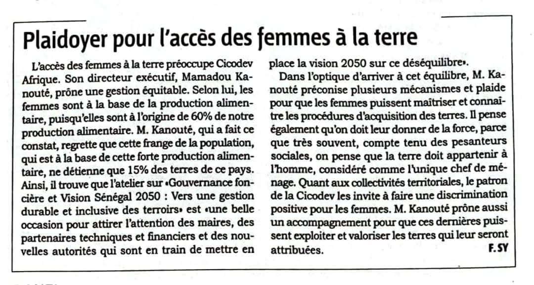 Un article paru aujourd'hui dans le journal  Soleil.Amadou Kanouté porte haut le #plaidoyer pour l'accès des femmes à la terre, lors de l'atelier sur la Gouvernance foncière et l'Agenda 2050,tenu les 9-10  Décembre 2024 à Dakar , en présence de 177 élus locaux.

#Stand4HerLandSN
