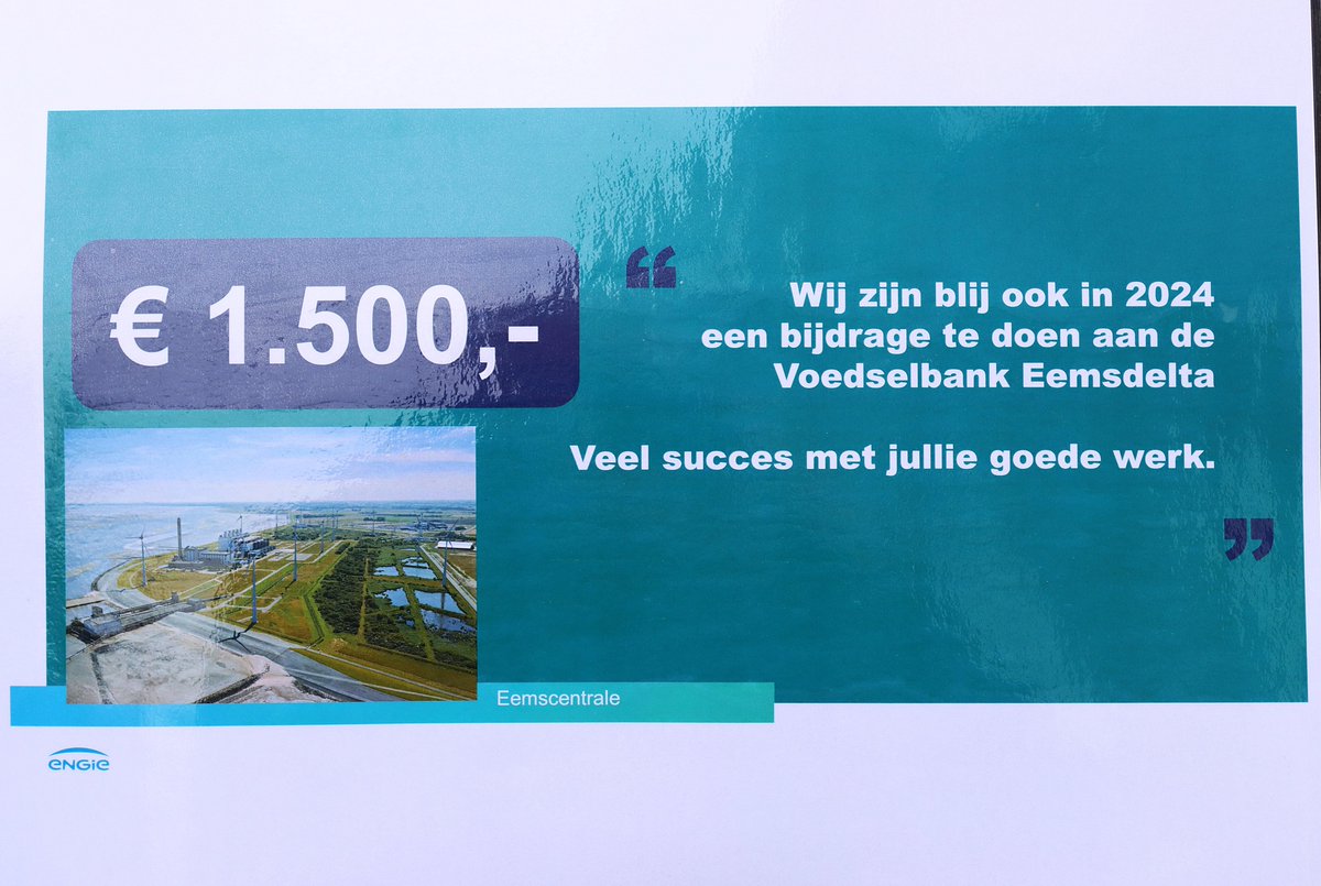 Bij <a href="/ENGIE_energie/">ENGIE Energie</a> (de Eemscentrale) hartelijk ontvangen door Marianne. Namens ENGIE mochten we een cheque van € 1.500,00 in ontvangst nemen.

Jan van Heerde, PR <a href="/VdsbEemsdelta/">VoedselbankEemsdelta</a> nam de cheque in ontvangst. "Hartelijk dank voor deze mooie donatie".

Info: bit.ly/36n3O6A
