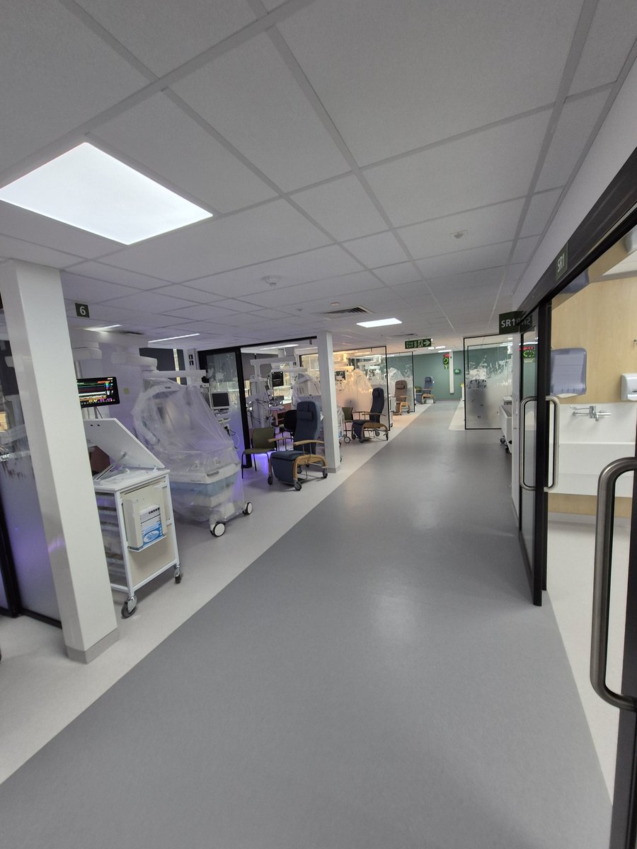 The intensive care areas are large, bright, &amp; separated by glass privacy panels which help sound proofing. Each space has 2 armed pendants with all the equipment (ventilator, monitor, computer, infusion devices) in place. There are 2 side rooms and 1 ventilated isolation room 2/5