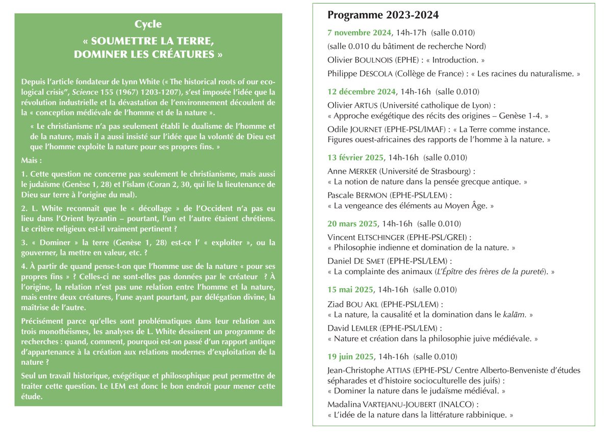 umr8584's tweet image. Jeudi 12 décembre, 14h
Jeudi du LEM, C. Concorcet, Bât Nord, s. 0.10 : nterventions d'Olivier Artus (U. cath. de Lyon) sur l'«Approche exégétique des récits des origines – Gn 1-4» et Odile Journet (EPHE-PSL/IMAF) sur «Figures ouest-africaines des rapports de l’homme à la nature»