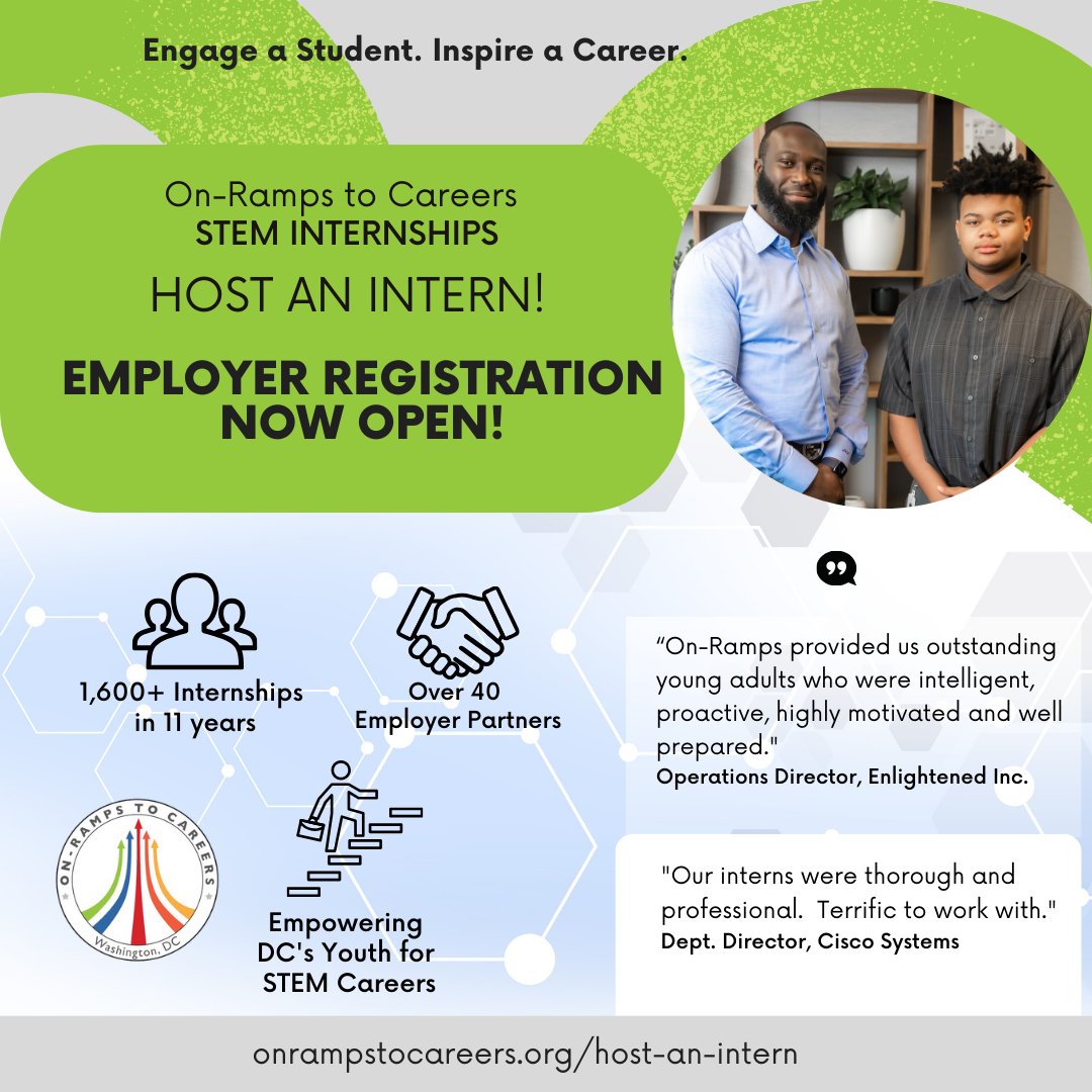 Employer Registration is NOW OPEN for Summer 2025! 

Register your company to host an On-Ramps Intern: conta.cc/3BkoakC

6 week internship: June 23 - August 1, 2025. Host interns at no cost to you. 

#Employerparenters #hostanintern #mentor #DCinternships #STEMcareers