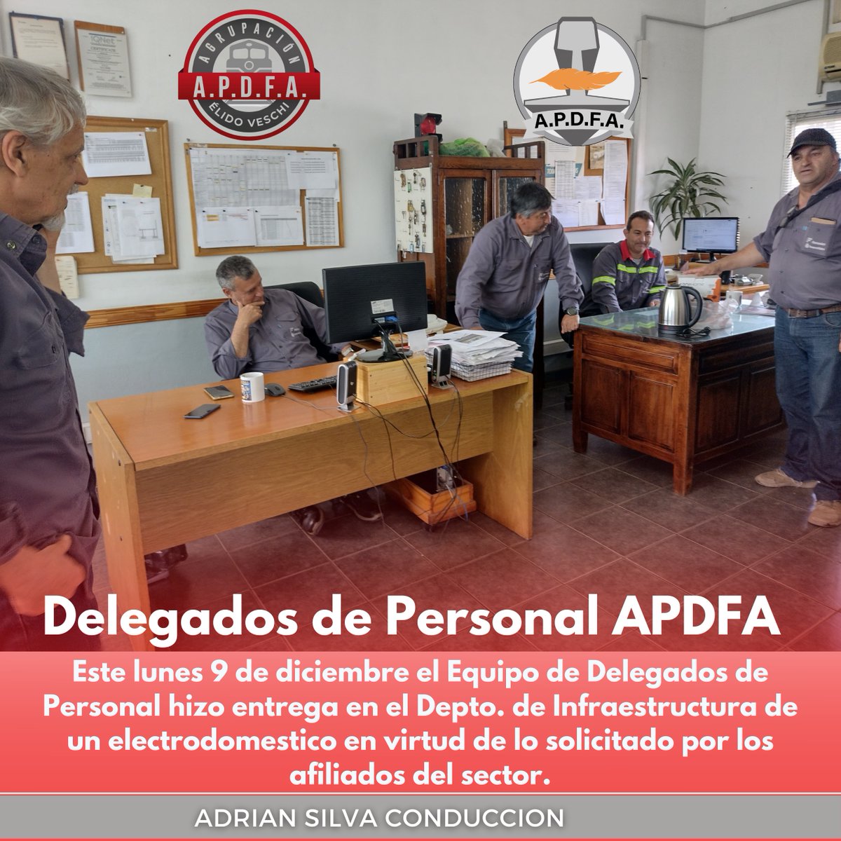 agrelidoveschi's tweet photo. EQUIPO DE DELEGADOS DE PERSONAL DE APDFA
Este lunes 9 de diciembre el Equipo de Delegados de Personal hizo entrega en el Depto. de Infraestructura de un electrodomestico en virtud de lo solicitado por los afiliados del sector.

@ApdfaAdrian 
@ApdfaListaGris 
@apdfanacional https://t.co/bPKkzSk7Xf