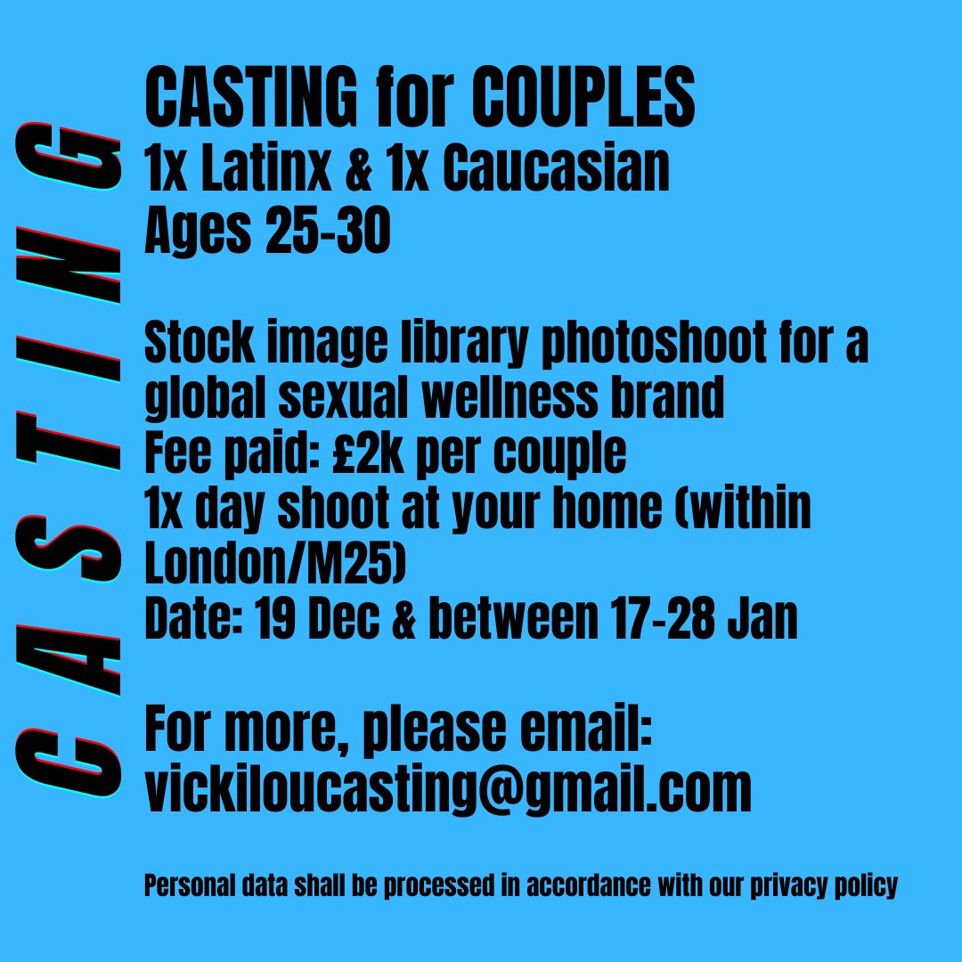 CASTING for COUPLES 
Would to hear from Latinx &amp; Caucasian partners, age 25-40
Stock image library photoshoot for global sexual wellness brand
Fee paid: £2k per couple
1x day shoot at your home (within London/M25)
Date: 19 Dec &amp; 17-28 Jan
Please email: vickiloucasting@gmail.com
