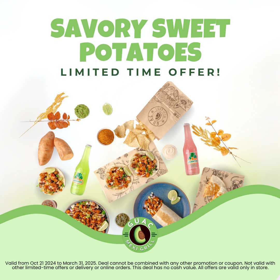 Try our Savory Sweet Potatoes, here for a limited time! 🍂 

Available until March 31, 2025. Customise them with your fave toppings and make them your own! 🌯

🥑 Find your nearest Guac Location: guacmexigrill.ca/locations 
🌮 Order Online: guacmexigrill.ca/guacmenu/