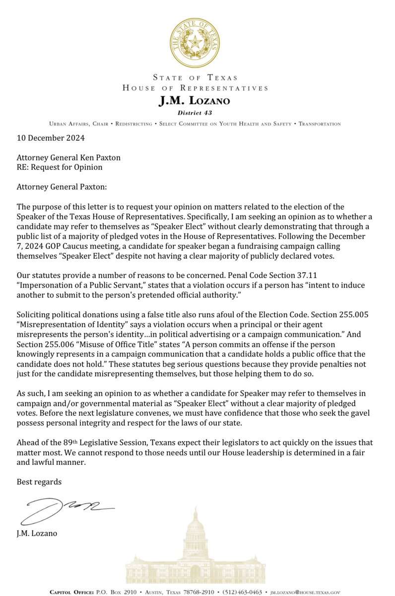 texasreplozano's tweet image. Good morning friends.  I have submitted the following request to Texas Attorney General Ken Paxton in reference to any potential violations of law committed by Dustin Burrows, the self proclaimed “Speaker-Elect” in an apparent attempt to raise large sums of money. #txlege 
#txag