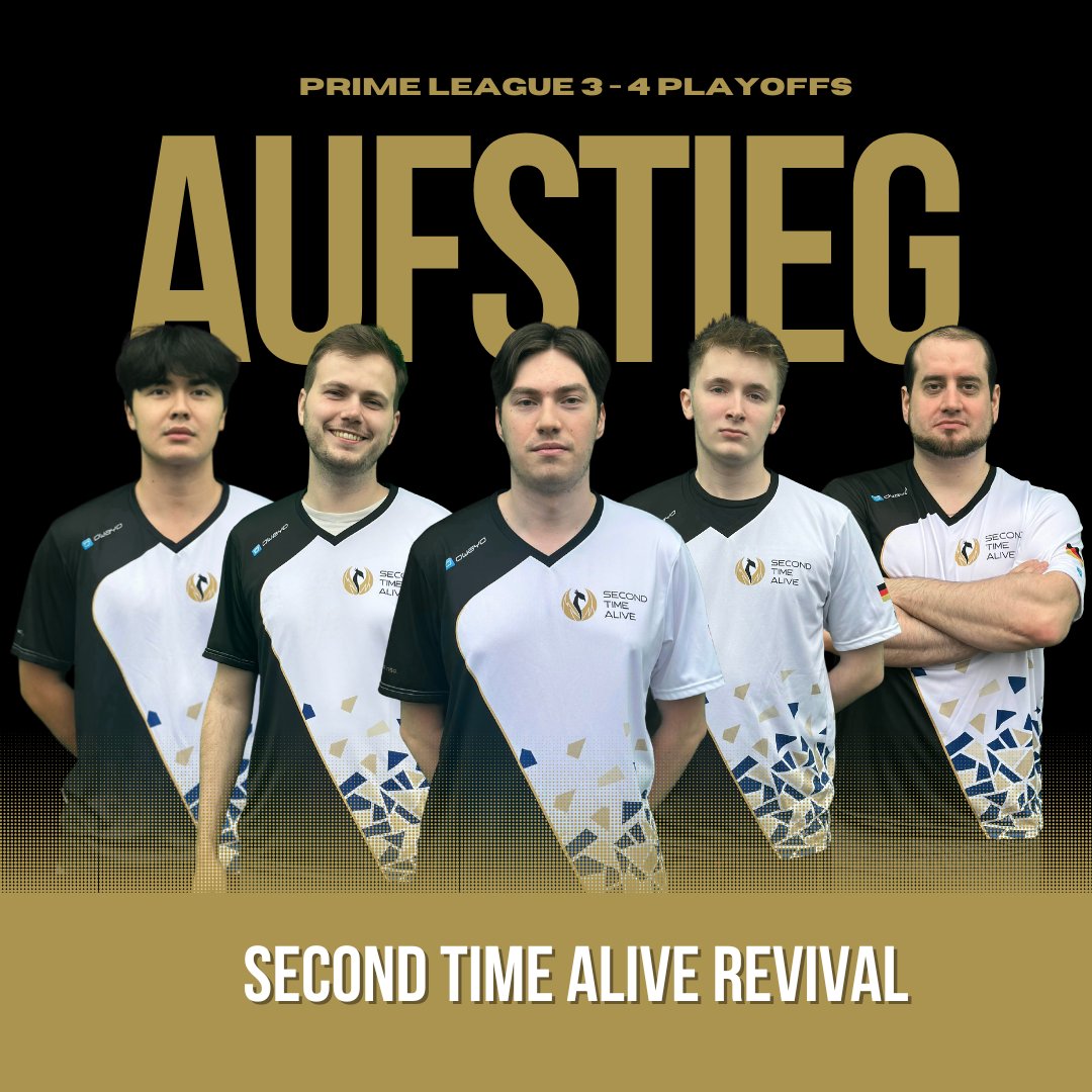 Alle Achtung! 

🆙Die Jungs von #2TA Revival haben den Aufstieg in Div 3 geschafft! 
GGWP!🫡💪

👏#SecondTimeAlive zieht damit erstmals in Division 3 der #Primeleague ein und wir freuen uns mit den Spielern über den Erfolg 🥳

🔥Nächster Split wird lit 🔥

#2GetherWeRise