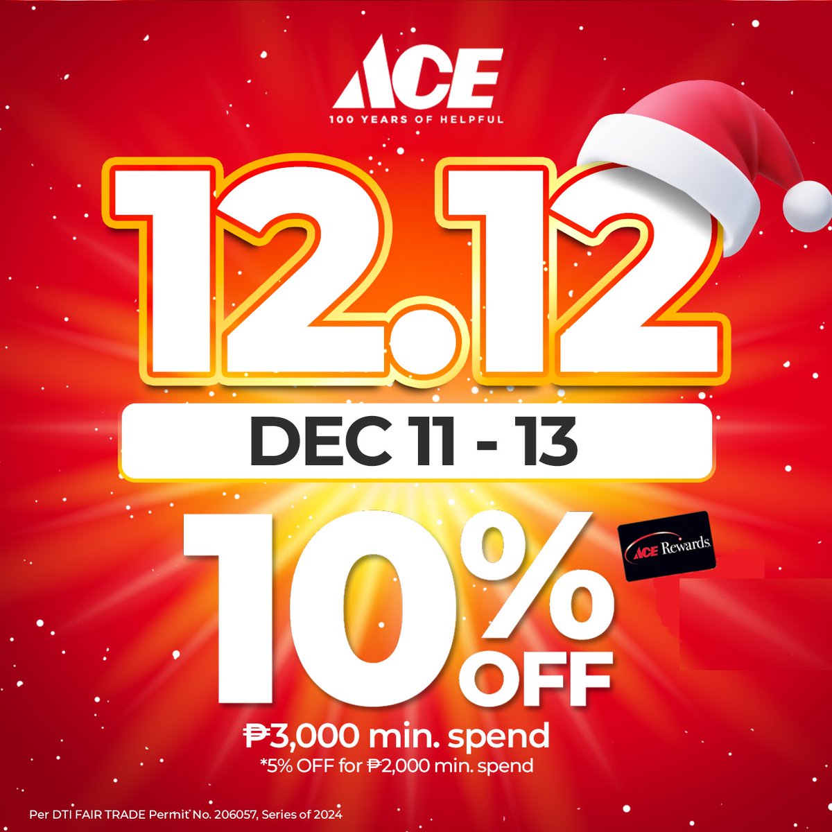 MarketMarketBGC's tweet image. 'Tis the season to save! 🎅 Get 10% OFF at the ACE 12.12 Sale from Dec 11-13 with ₱3,000 min spend for ACE Rewards and SMAC members.

Don’t miss out. Visit them on the 3/F today!

#ACEHardwarePH #ACEHelpful @AceHardware 
#FunInTheFinds #iLoveMarketMarket