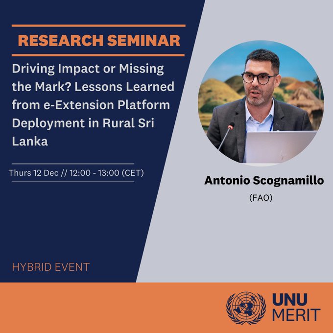 FAO Social & Economic Development (@faosocioecon) on Twitter photo An app📲 for 🌾farmers in 🇱🇰❓
The Smart Extension & Efficient Decision-making (S.E.E.D) Hub boosted rice farmers’ access to market/weather info by 50%, & their ability to market rice.
Intrigued?🤔Join the webinar bit.ly/3BkBFRa w/ <a href="/FAOSocioEcon/">FAO Social & Economic Development</a>'s Antonio Scognamillo An app📲 for 🌾farmers in 🇱🇰❓
The Smart Extension & Efficient Decision-making (S.E.E.D) Hub boosted rice farmers’ access to market/weather info by 50%, & their ability to market rice.
Intrigued?🤔Join the webinar bit.ly/3BkBFRa w/ <a href="/FAOSocioEcon/">FAO Social & Economic Development</a>'s Antonio Scognamillo