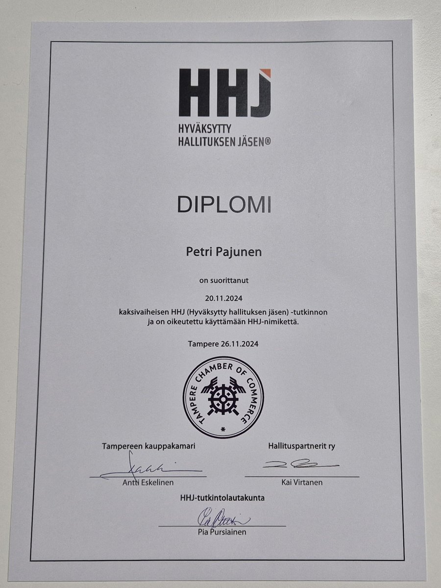 HHJ-tutkinto suoritettu. Tänään tuli diplomi postissa.