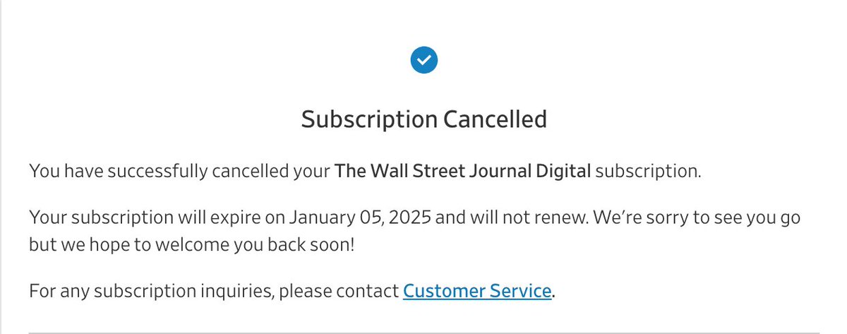 📰 First time cancelling <a href="/WSJ/">The Wall Street Journal</a> took 103 minutes over two phone calls! ☎️

Second time took 4 minutes searching the account section! 👨‍💼

Paying with Nano in advance would be faster and easier with no strings attached! 🚄

#Ӿ #Nano #xno #subscription #news #WallStreet