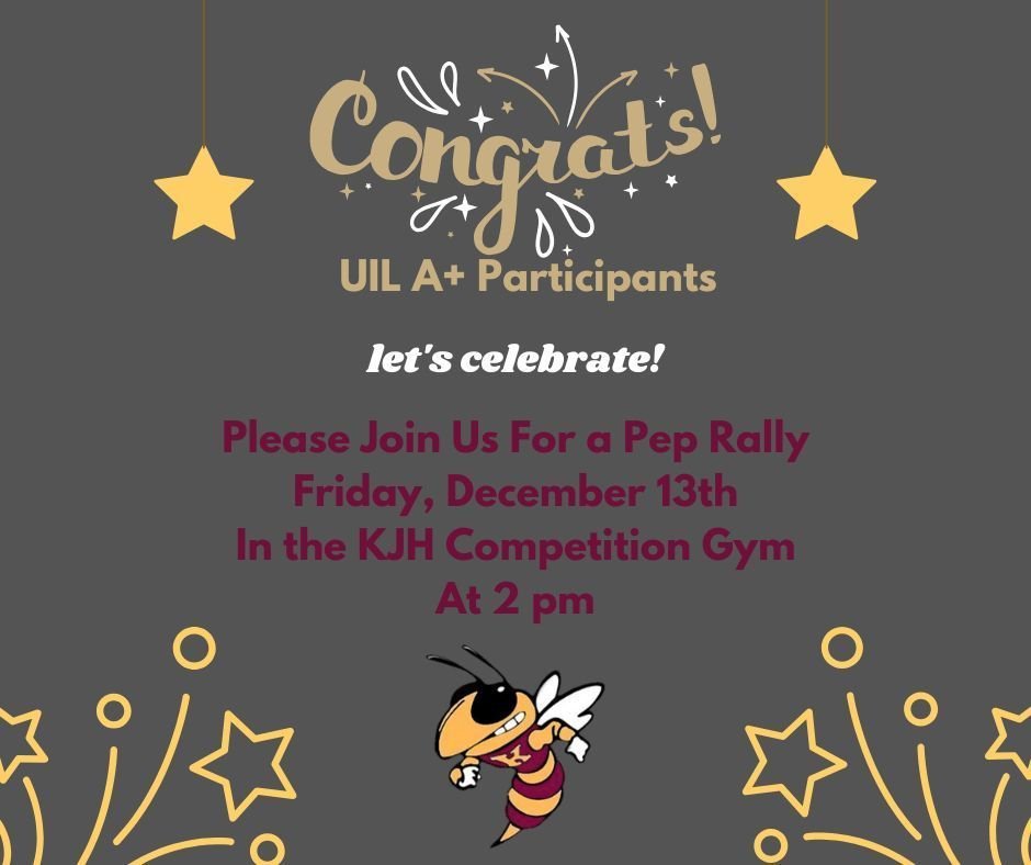 KermitJHS's tweet photo. Kermit Jr. High will be having a Pep Rally on Friday, December 13th at 2 pm in Celebration of the UIL +A Participants Winning this past Wednesday, December 4th. Please come and join us. https://t.co/TIvuvDDDwy