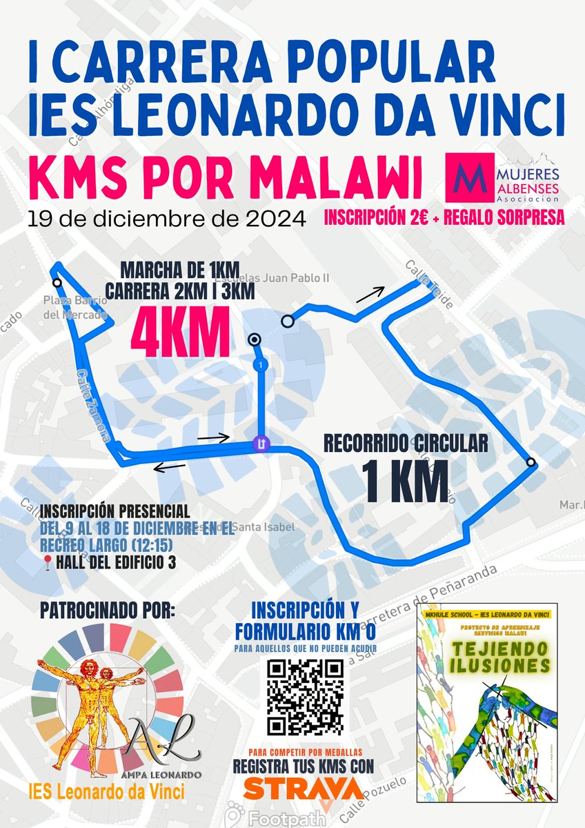 I Carrera Popular <a href="/ies_leonardo/">Leonardo da Vinci</a> KM por MALAWI. Los alumnos de 4°ESO nos animan a correr para erradicar la pobreza menstrual de las niñas de Malawi. Nos encantaría que nos acompañaras, pero si no puedes y quieres colaborar puedes inscribirte con el QR que aparece en el cartel.