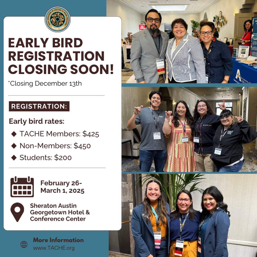 🚨TACHISTAS!📢

🗓️Early bird deadline: Friday, December 13, 2024

🔗Visit TACHE.org to register for the 50th annual state conference.

#TACHE2025 #ConferenceRegistration #EarlyBirdSpecial#TACHECommunity #Education #ProfessionalDevelopment