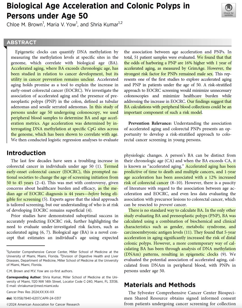 What if we used accelerated (biological, epigenetic clock) aging for cancer screening instead of chronological age? 
Example for early-onset colon cancer 
aacrjournals.org/cancerpreventi…