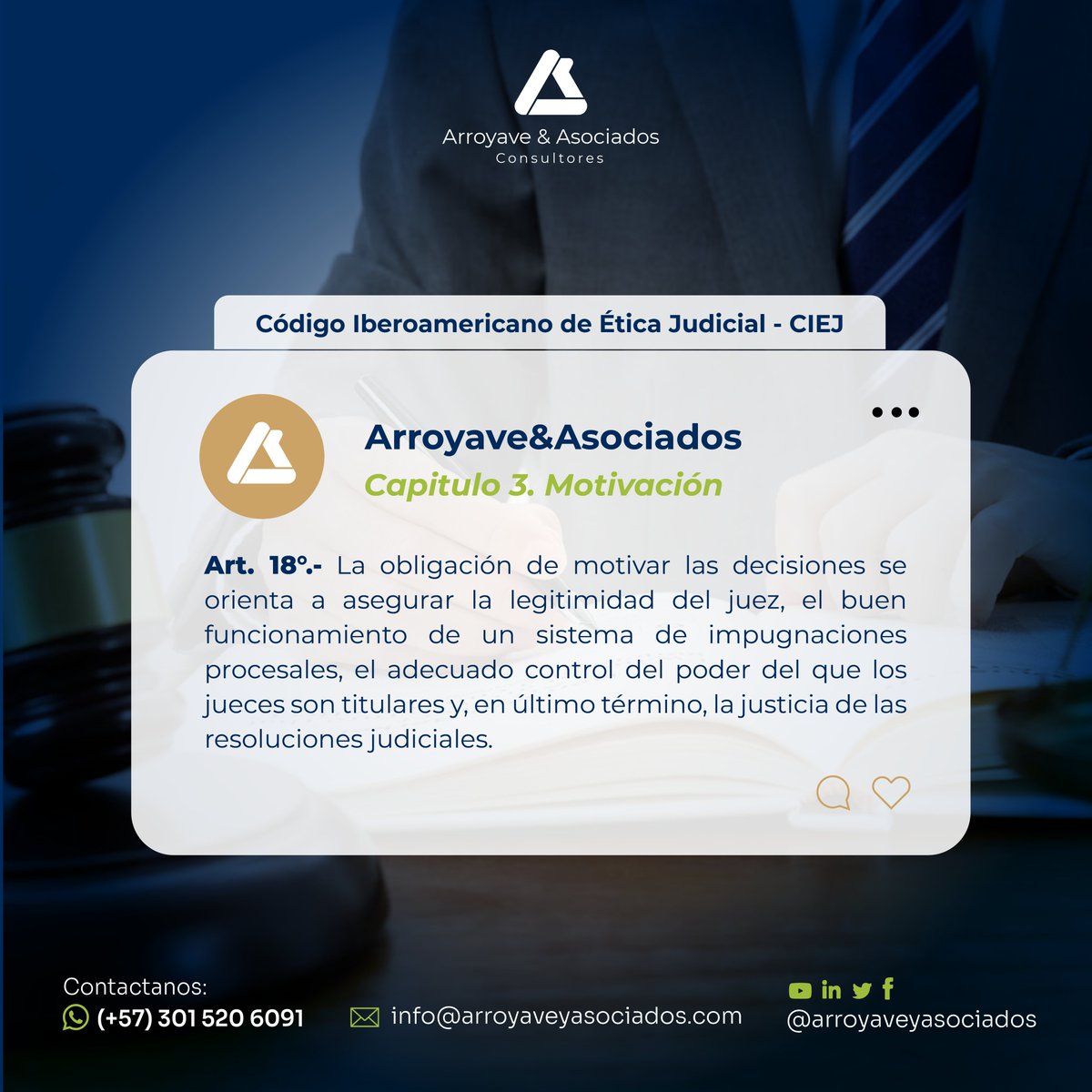 ArroyaveAsocia2's tweet photo. 👩⚖️✨ ¡Conoce el artículo 18. Del Capitulo 3 del Código Iberoamericano de Ética Judicial!
🔗Ingresa al enlace: https://t.co/Nsnit8s9ot ↗️↗️
¿Quieres una asesoría? No dudes en contactarnos. 📲 (+57) 301 520 6091📲
#inversioncolombia #necesitounabogado https://t.co/0lTnrDlpOd