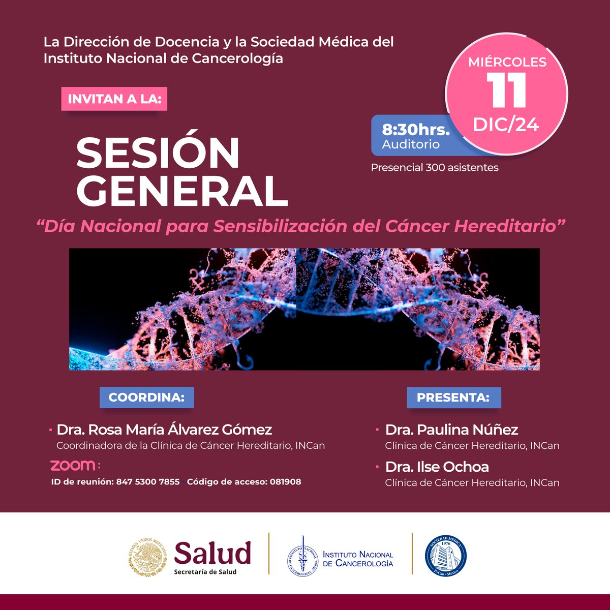 DocenciaIncan.MX (@docenciaincan) on Twitter photo La Dirección de Docencia y la Sociedad Médica del INCan invitan a la Sesión General el día 11 de diciembre de 2024, 08:30 a 09:30 horas.
Presencial: 300 Personas.
Vía Zoom:
us06web.zoom.us/j/84753007855...
ID: 847 5300 7855
Código: 081908
<a href="/ogarrieta/">Oscar Arrieta</a> <a href="/Betzabe100/">Erika Ruiz-Garcia</a> <a href="/mtzsaid/">Hector Martinez Said</a> <a href="/zapata_nidia/">nidia zapata</a> La Dirección de Docencia y la Sociedad Médica del INCan invitan a la Sesión General el día 11 de diciembre de 2024, 08:30 a 09:30 horas.
Presencial: 300 Personas.
Vía Zoom:
us06web.zoom.us/j/84753007855...
ID: 847 5300 7855
Código: 081908
<a href="/ogarrieta/">Oscar Arrieta</a> <a href="/Betzabe100/">Erika Ruiz-Garcia</a> <a href="/mtzsaid/">Hector Martinez Said</a> <a href="/zapata_nidia/">nidia zapata</a>