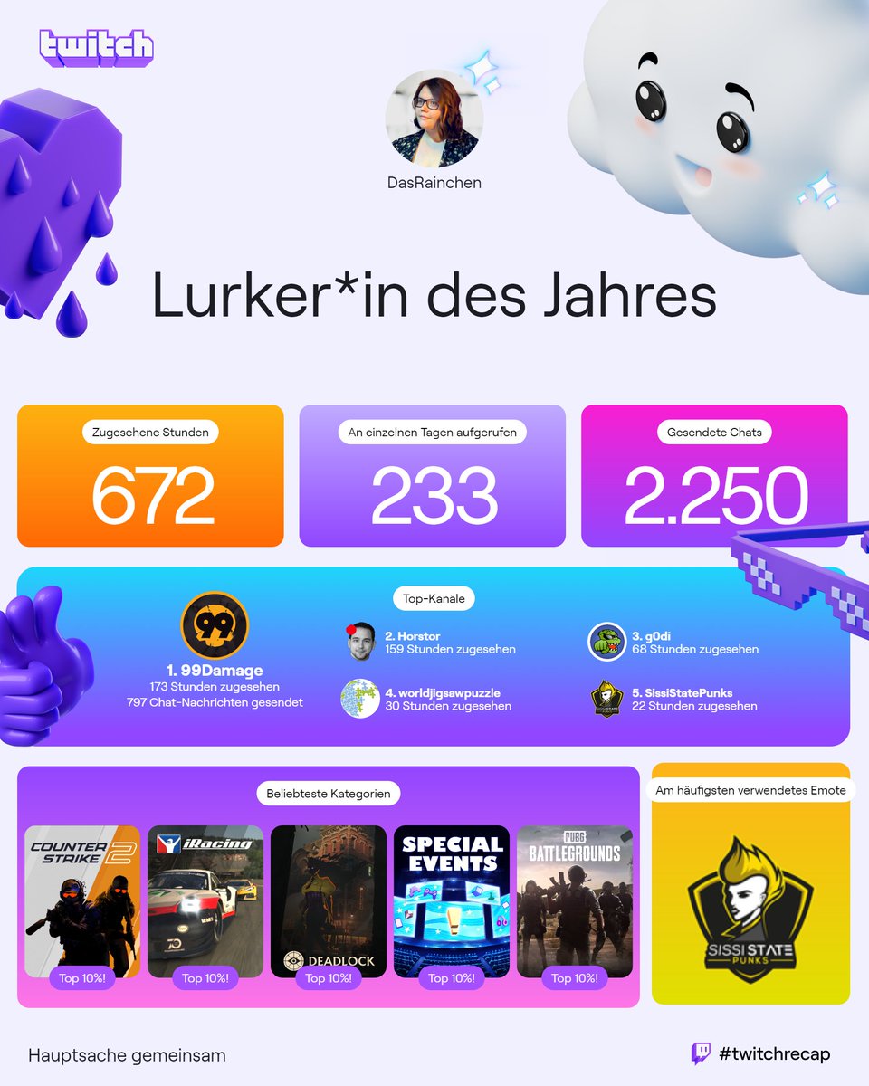 Das tut nochmal richtig weh, in Anbetracht dessen, dass es vorerst das letzte Mal sein wird, dass <a href="/99DAMAGEde/">99Damage</a> mein Top Stream des Jahres ist.

Deadlock Top 3 auch nur wegen Horstor 😅