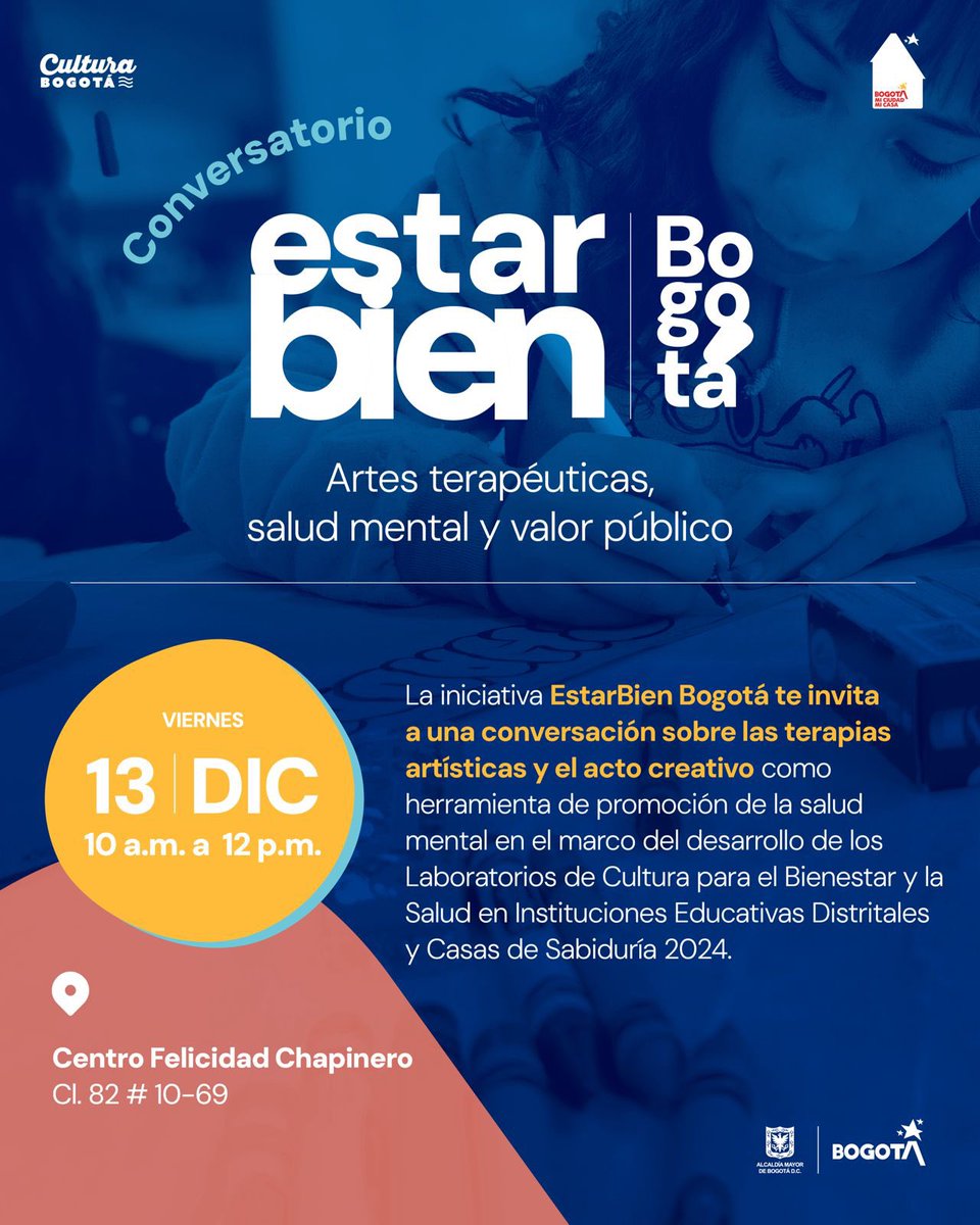 CulturaenBta's tweet photo. ¡Participa en el conversatorio “Estar Bien: artes terapéuticas, salud mental y valor público”!

🗓️ 13 de diciembre
⏰ 10:00 a.m.
📍 Centro Felicidad Chapinero

Exploraremos cómo las terapias artísticas y el acto creativo promueven la salud mental y el bienestar colectivo. Este espacio hace parte de los Laboratorios de Cultura para el Bienestar y la Salud en Instituciones Educativas Distritales y Casas de Sabiduría 2024.

🤩 ¡Te esperamos!