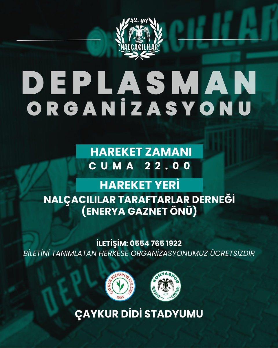 DEPLASMAN ORGANİZASYONU!

14 Aralık Cumartesi günü 16.00'da oynayacağımız Rizespor müsabakası için Rize'ye gidiyoruz.

🚍 Rize
🗓️ 13 Aralık Cuma
🕗 22.00
📍Nalçacılılar Taraftarlar Derneği (Enerya Gaznet Önü)

İrtibat: 0554 765 1922