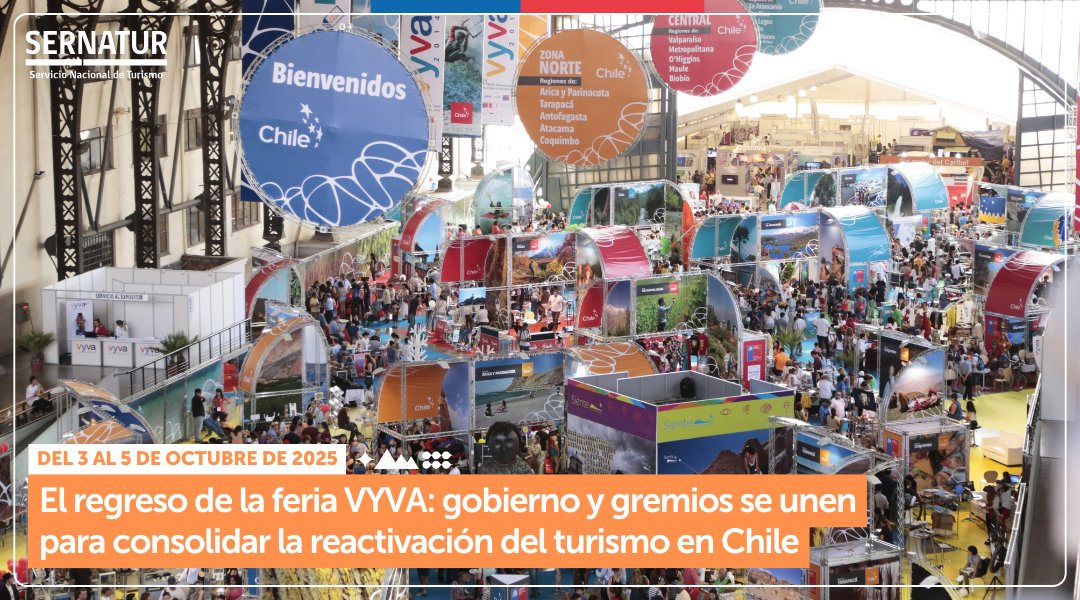 Sernatur's tweet photo. Luego de 6⃣ años, vuelve la feria #VYVA2025 🤩
En un esfuerzo conjunto entre el sector público y el privado, vuelve esta gran feria de viajes y vacaciones.
ℹ️ Encuentra más información en https://t.co/R0Oj0npUMJ. https://t.co/wQQ2xTAkcU