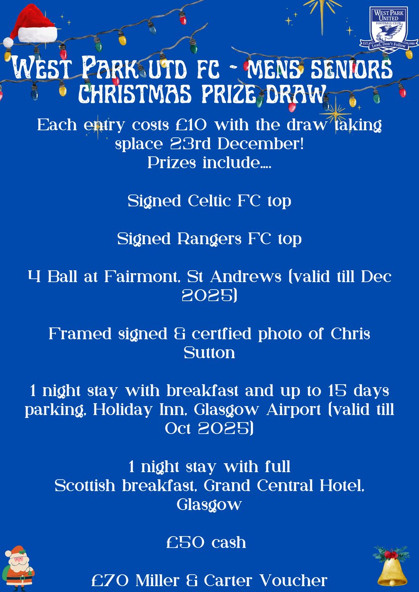 WestParkWoSFL's tweet photo. An updated list of the fantastic prizes available for our festive fundraiser draw on 23rd December.  £10 per entry - DM the page or get in touch with any coach or player if join want to take park and support our team.  Please share.  Thanks again to all those who have donated https://t.co/VVHMsf1y3S