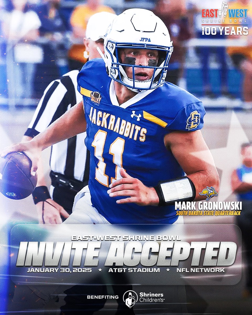 East-West Shrine Bowl (@shrinebowl) on Twitter photo Air it out! ๐ฏ
QB Mark Gronowski (<a href="/mgronowski11/">Mark Gronowski</a>) from <a href="/GoJacksFB/">SDSU Football</a> has officially accepted his invite to the 100th East-West #ShrineBowl!
#GoJacks | #ShrineBowlWHOSNEXT ๐ Air it out! ๐ฏ
QB Mark Gronowski (<a href="/mgronowski11/">Mark Gronowski</a>) from <a href="/GoJacksFB/">SDSU Football</a> has officially accepted his invite to the 100th East-West #ShrineBowl!
#GoJacks | #ShrineBowlWHOSNEXT ๐