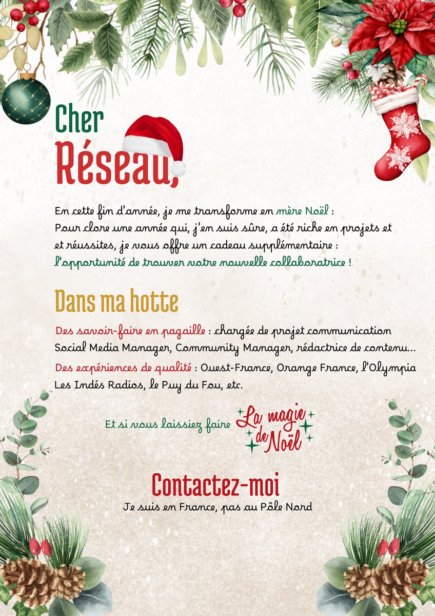 🌟 Avez-vous fait votre liste au père Noël 🎅 ? Vous cherchez ou connaissez quelqu'un qui cherche un nouveau lutin pour intégrer son équipe ?
Je cherche un nouveau challenge en tant que chargée de communication/Social Media Manager (community manager) linkedin.com/posts/florence…