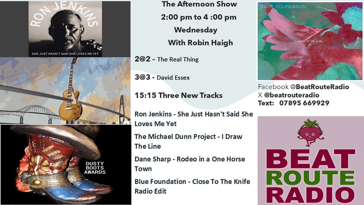 robinhaigh's tweet photo. Please Join Robin Haigh Wednesday Afternoon's 2pm to 4 pm
https://t.co/PNYqYnJrhB
11 th December 14:00 to 16:00
Send your music requests in ..
Email - Studio@beatrouteradio.co.uk
2@2 – The Real Thing
3@3 – David Essex
New Music 15:15 https://t.co/bgDdGfNJhN
