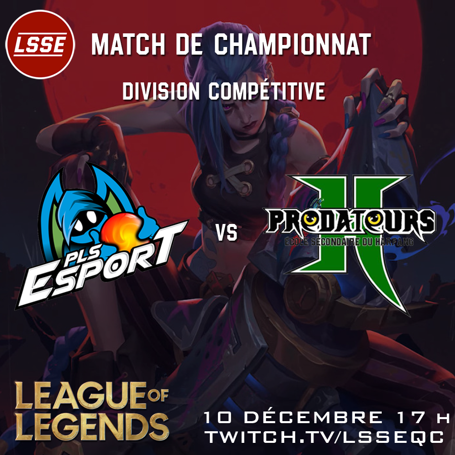 C’est le tour des meilleures équipes de League of Legends de lutter pour le titre de champions LSSE de l’automne 2024 ce soir à 17 h.

PLS Esport #1 de la Polyvalente La Samare vs les Prédateurs de l’école Secondaire du Harfang

Une présentation des Filons du Cégep de Thetford.