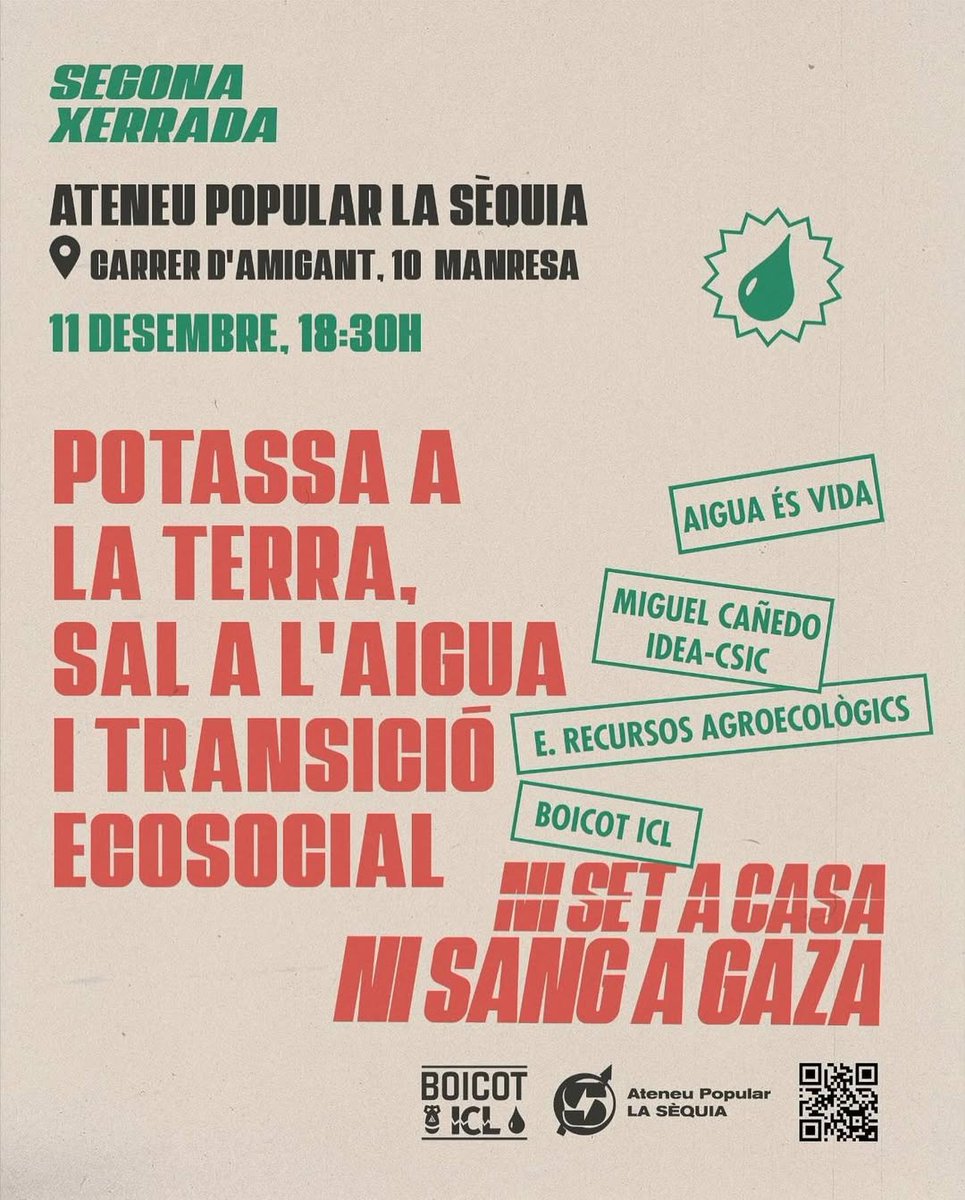 💧 L'11 de desembre parlem sobre com ICL, la minera de potassa de Súria, contamina els nostres rius i col·labora en el genocidi del poble palestí.

Analitzarem el seu impacte en la salinització del Llobregat i la seva despesa d'aigua.

📆 11 de desembre, 18:30h  📍  Manresa