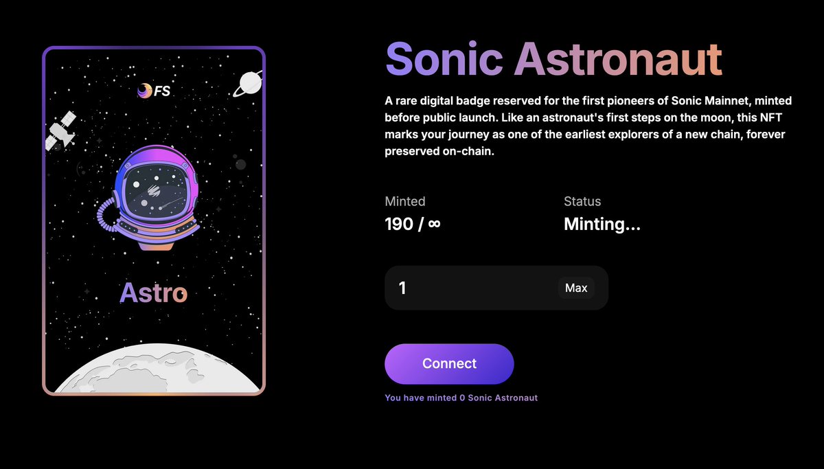 24 Hours On Sonic Mainnet
~ 200 Astronaut NFTs minted
- More Degens discovering Mainnet portal
- More projects deploying

To our first 200 explorers:
You'll get part at every Sonic Gem we get 🎯

PS: When mainnet launches, mint closes forever 👨‍🚀