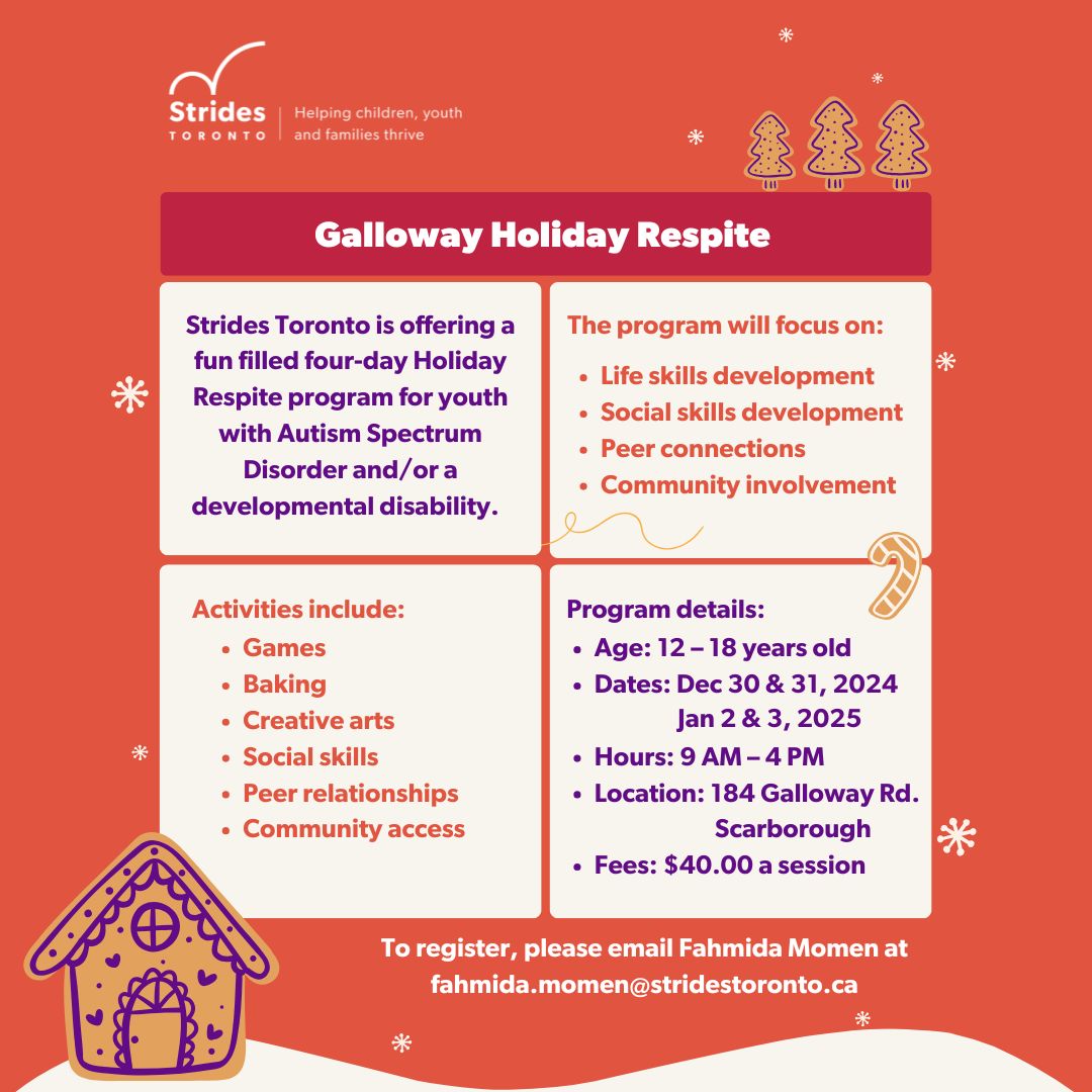 stridesTO's tweet photo. 🎄 Join us for #StridesTO's Holiday Respite Programs! Our programs support youth &amp; young adults with ASD &amp; developmental disabilities through activities that promote life skills, socialization, &amp; community involvement.

Register: fahmida.momen@stridestoronto.ca
#MakingStrides https://t.co/2fyPdu4AMW