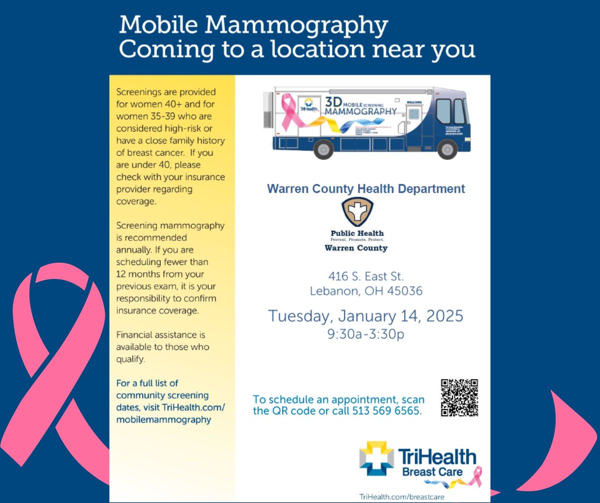 Start your new year off on the right foot with a mammogram! 

Mobile Mammography will stop by WCHD in a little over a month, on January 14th, 2025. 

Need to make an appointment? Call 513-569-6565.
