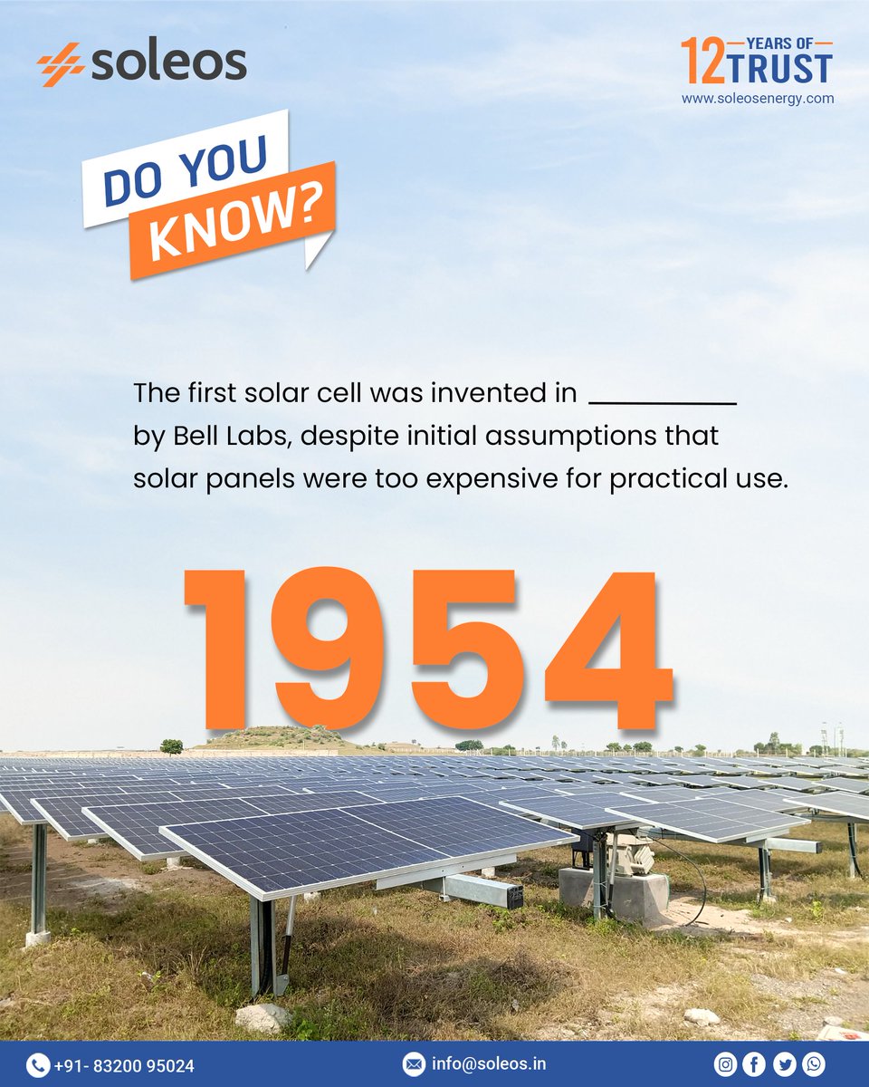 SoleosEnergy's tweet photo. In 1954, Bell Labs unveiled the first solar cell, paving the way for a cleaner future. Today, solar energy powers the world, and at Soleos Solar, we proudly advance this legacy with innovative solar solutions for businesses.

#SolarEnergy  #SolarSolutions #SoleosSolar https://t.co/g45NHDKtec