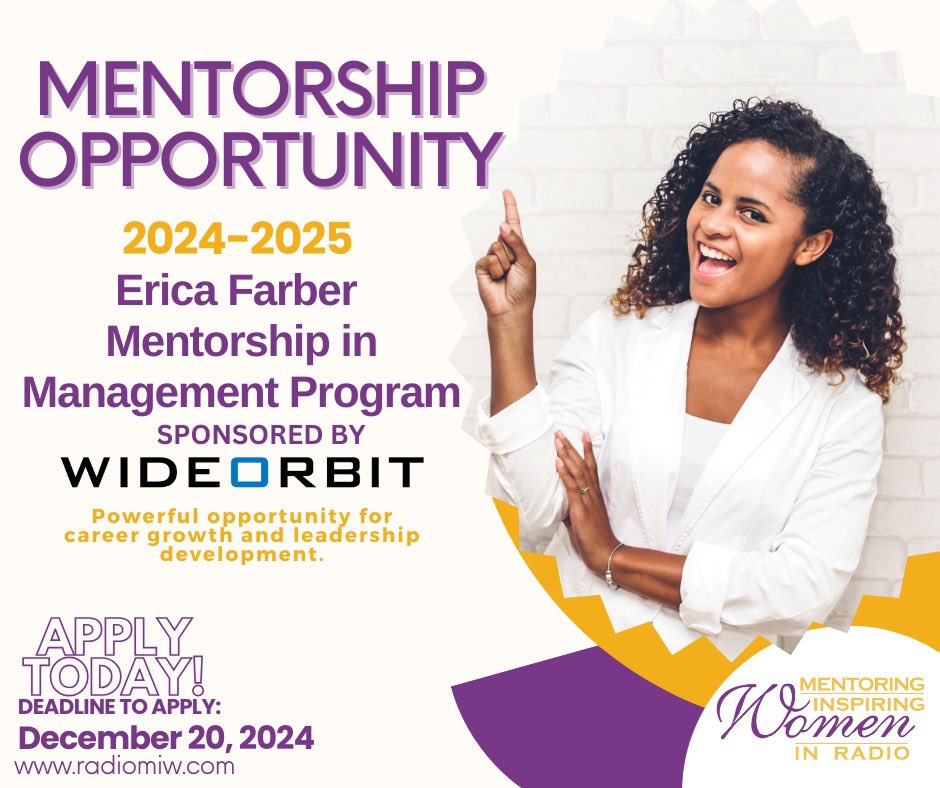 The application for the Erica Farber Mentorship in Management has been extended until December 20th!  This mentorship, sponsored by Wide Orbit, is a career changing opportunity to work with a dedicated mentor on all aspects of your professional path.  

miw.secondstreetapp.com/2025-Erica-Far…