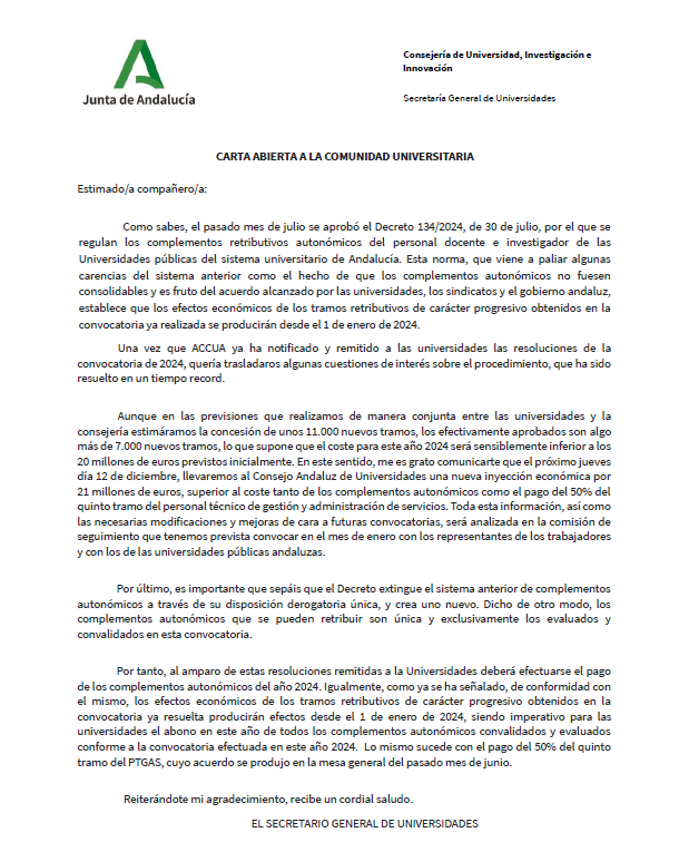 Rherrera25's tweet photo. Desde el gobierno apostamos por la mejora de las condiciones salariales del personal de las universidades 
Ya se ha resuelto la convocatoria de complementos y adicionamos 21 millones para su cobertura y la del 5º tramo
Os dejo esta carta abierta con el ruego de que la difundáis👇 https://t.co/t8cpdQMd2B