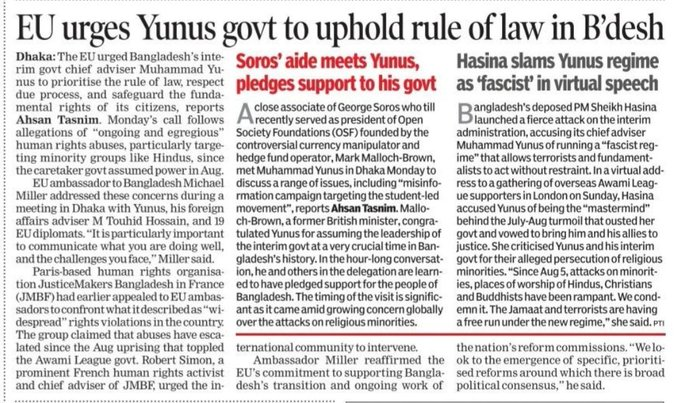harryminat1's tweet photo. Is Soros behind attacks on Bangladeshi Hindus? 

His close aide meets fascist #Yunus, pledging support to his govt, while EU urges Yunus to uphold rule of law

Concerning developments in #Bangladesh | India watching closely and necessary steps have been taken #HinduRightsMatter https://t.co/5K3cFYQMGb