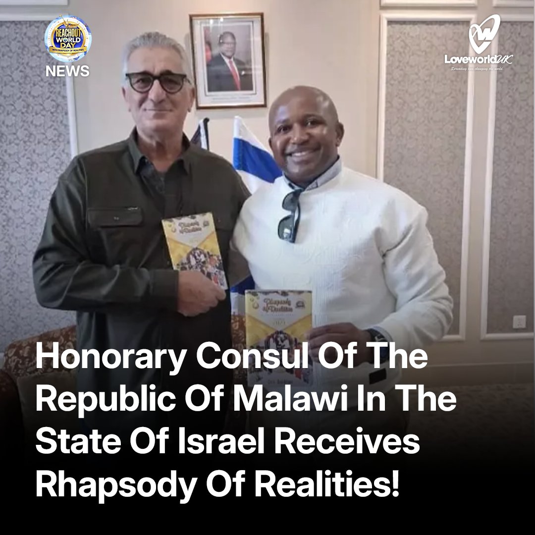 Loveworlduk's tweet photo. Honorary Consul of The Republic Of Malawi In the State Of Israel, Receives Rhapsody of Realities!
#israel #malawi #Reachoutworld #rowd #rowdlive #Reachoutworldday #loveworlduk #loveworldnetworks #LoveWorldNews #loveworldeurope https://t.co/6gQpPzPaFi