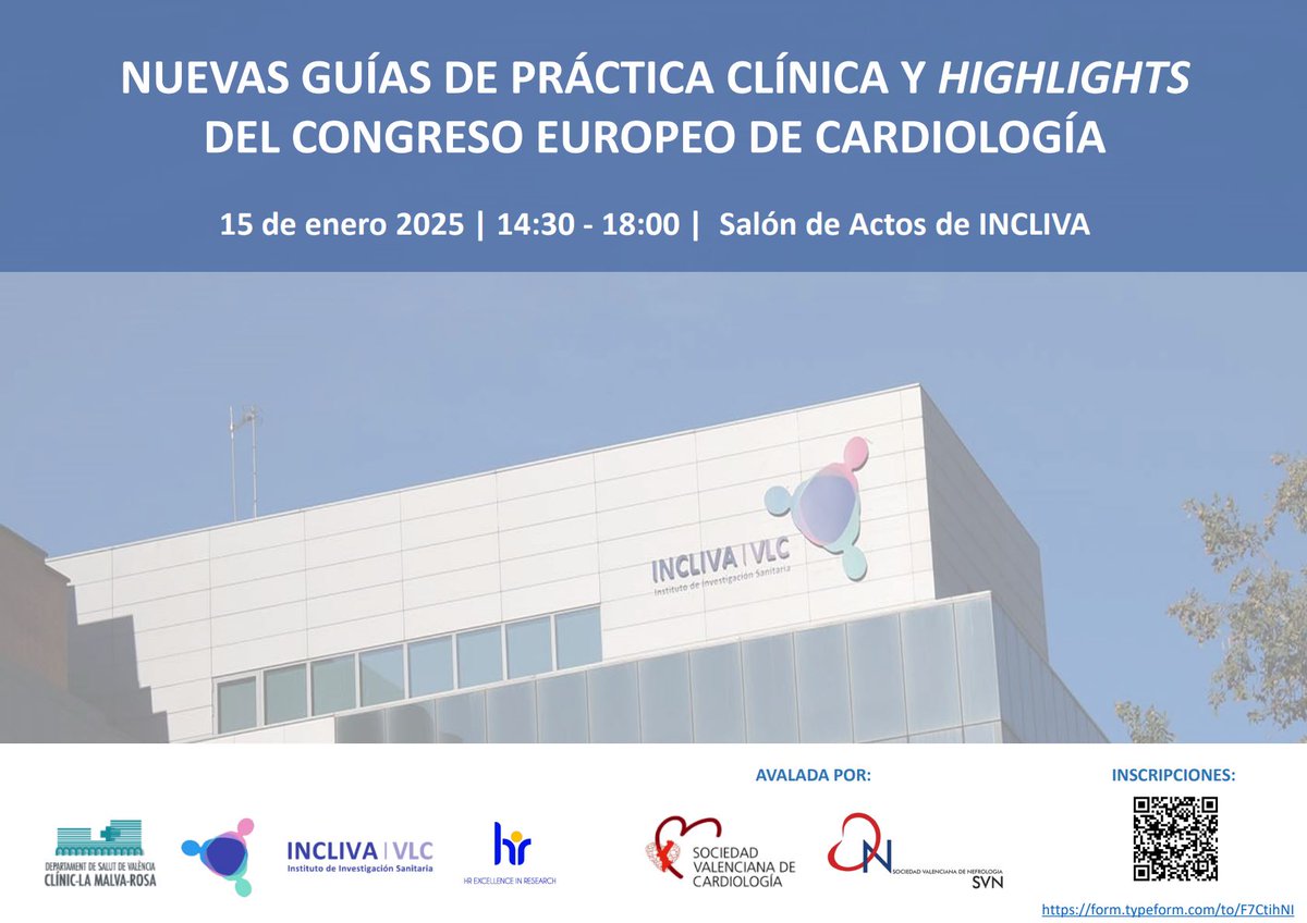 📢 Jornada "Nuevas guías de práctica clínica y 'highlights' del Congreso Europeo de Cardiología"

🗓️ 15 de enero 
🕝 14:30 h - 18 h

🗣️ Moderan <a href="/BonanadClara/">Clara Bonanad</a> —coordinadora científica del encuentro— y <a href="/jorgenavper/">Jorge Navarro</a>.

✍️ incliva.es/events/nuevas-…

✅ Avalada por <a href="/SVCardio/">SVCardio</a> y <a href="/SVNefro/">Sociedad Valenciana de Nefrología</a>