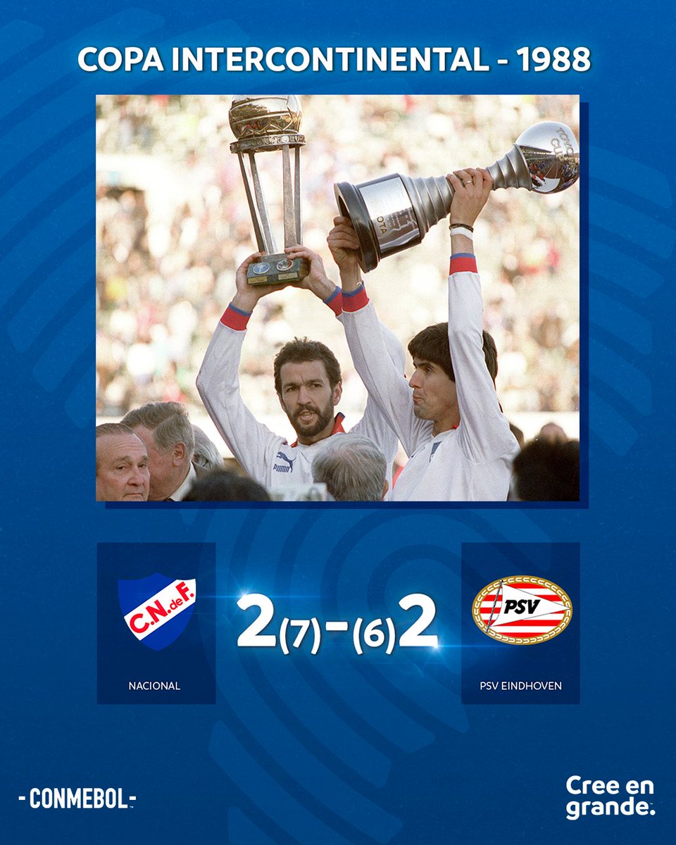 CONMEBOL's tweet photo. ¡@Nacional campeón del mundo 1️⃣9️⃣8️⃣8️⃣! 🏆🇺🇾

Aniversario de la histórica final en Japón del Tricolor ante el PSV Eindhoven para quedarse con una nueva Copa Intercontinental. ⚽

#AniversarioCONMEBOL | #CreeEnGrande https://t.co/2rLfy4HjXd