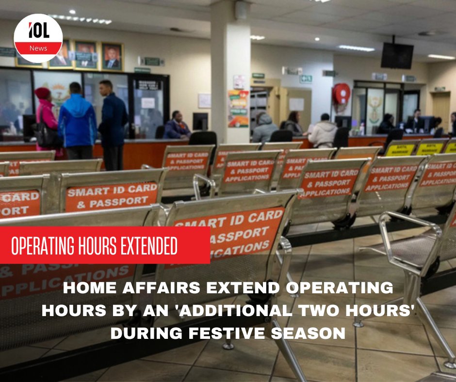IOL's tweet photo. Home Affairs Minister, Dr Leon Schreiber, announced that the department would extend its operating hours during the festive season.
#news #homeaffairs #government #servicedelivery #identitydocument #passport
Read on https://t.co/LYJ2fJubSA https://t.co/HmNPxd3uaz