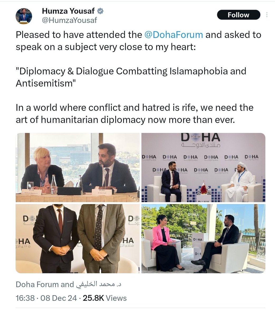 AgentP22's tweet photo. I see Humza is hard at work for his constituents again.

In Qatar.

Footnote
=======
He should in Scotland working to help repair the damage he did to the SNHS when he was Health Minister and First Activist, not swanning around Doha pontificating on world matters.