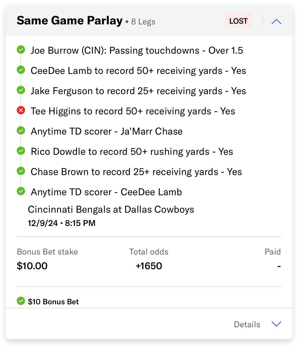 bcritch18's tweet photo. @CodyBrownBets I thought Tee Higgins was a no brainer too. Had all these completed before halftime minus Ferguson and Higgins. Pain on this one 🥲 https://t.co/8wGdzWkpFQ
