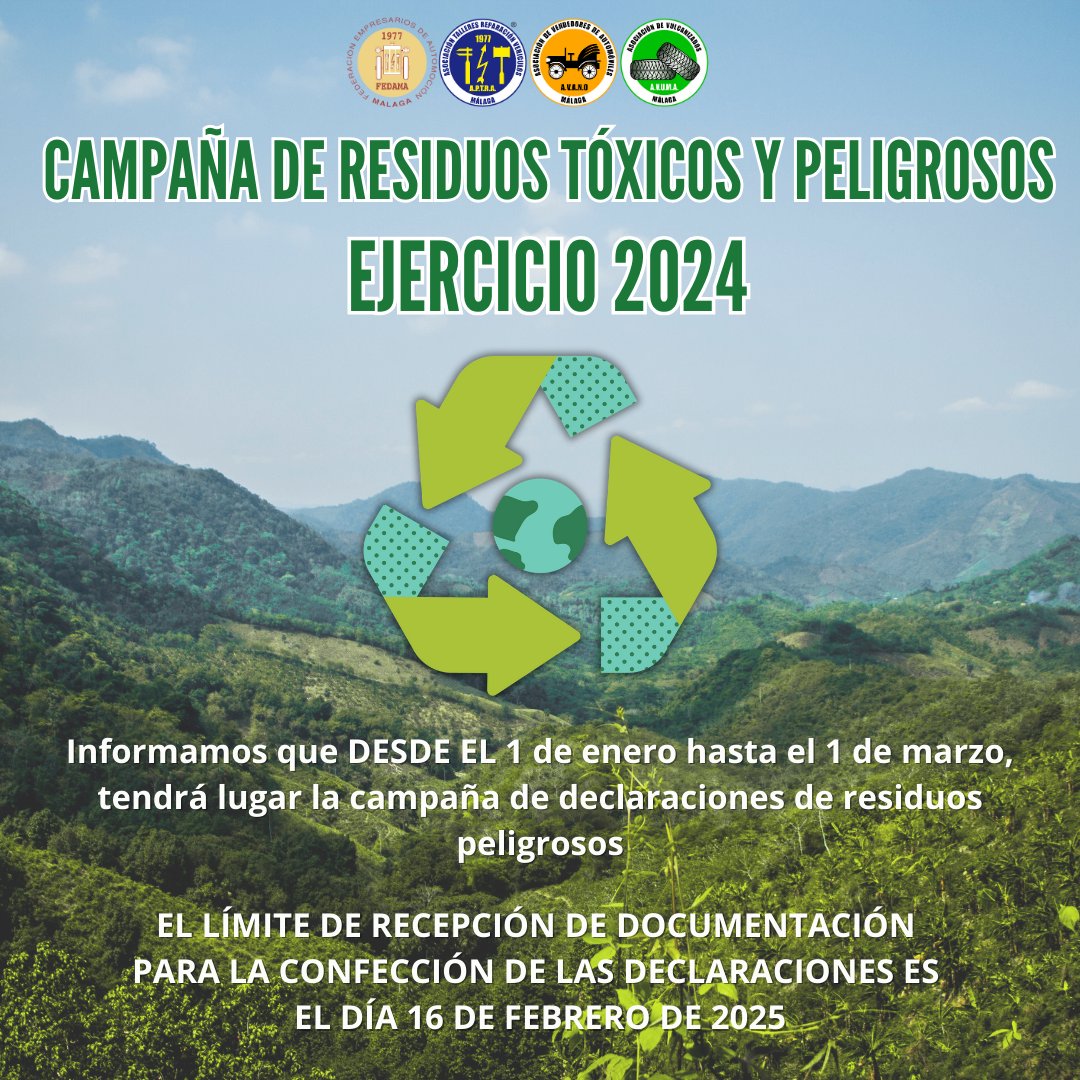 FEDAMALAGA's tweet photo. Estimados asociados

Recordamos que el periodo para realizar su información anual de residuos transcurrirá desde 01/01/2025 a 01/03/2025

#FEDAMA #APTRA #FEDAMAAPTRA #declaracion #declaraciones #enero #febrero #asociado #asociados #taller #talleres #residuos #residuospeligrosos https://t.co/dCd3CTIYvv
