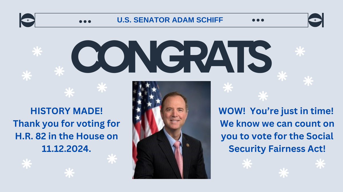 WEPandGPO Repeal (@repealwep_gpo) on Twitter photo <a href="/SenAdamSchiff/">Adam Schiff</a>
You've arrived just in time to vote twice for the #SocialSecurityFairnessAct in your new position as U.S. Senator.
Please ask Senator Schumer to bring the #SocialSecurityFairnessAct to the floor and let him know he can count on your vote.
#GPOWEPMustGo_NOW! <a href="/SenAdamSchiff/">Adam Schiff</a>
You've arrived just in time to vote twice for the #SocialSecurityFairnessAct in your new position as U.S. Senator.
Please ask Senator Schumer to bring the #SocialSecurityFairnessAct to the floor and let him know he can count on your vote.
#GPOWEPMustGo_NOW!