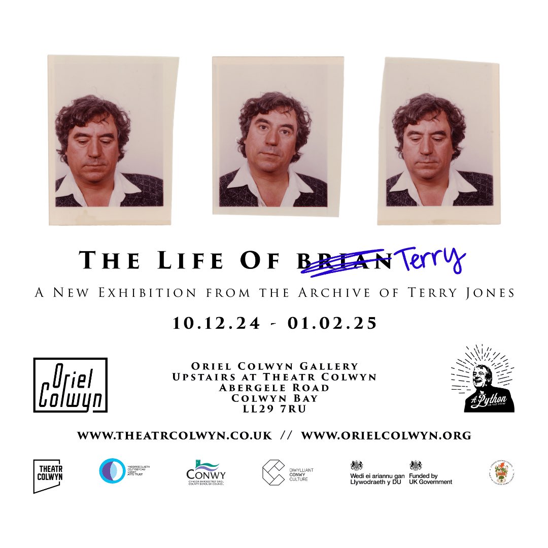 PythonJones's tweet image. Opening today in Colwyn Bay, unseen gems from Terry’s own personal archive. Tickets, either in advance or on the door are £5 and goes towards the ‘A Python On The Prom’ campaign to raise a statue of Terry in Colwyn Bay. #terryjones #montypython #apythonontheprom  #orielcolwyn